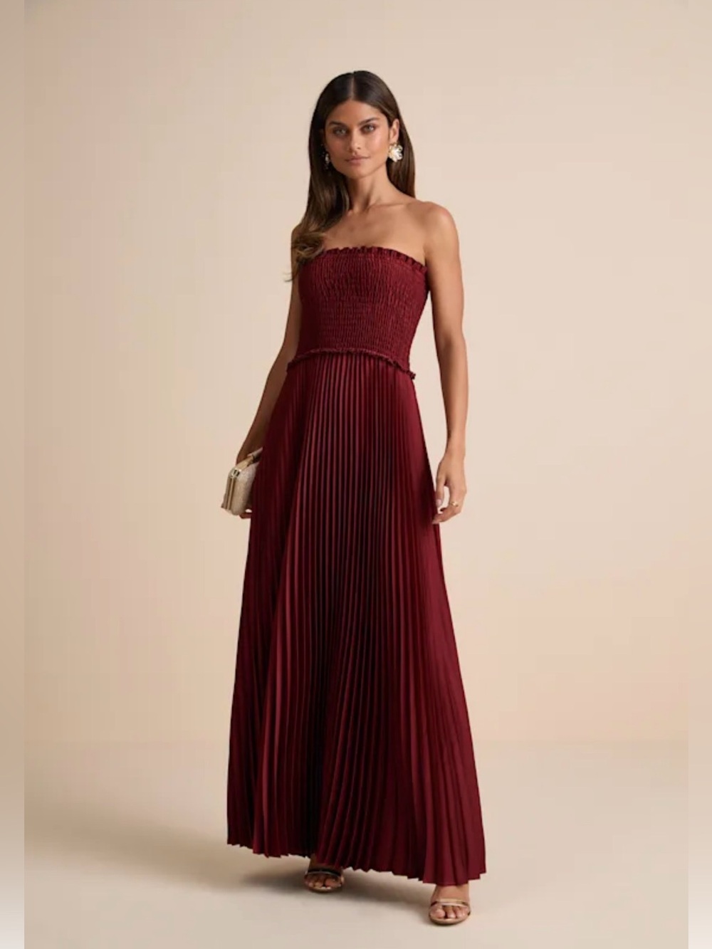 Lulu's Strapless Smocked Bodice Pleated Maxi Dress in Wine